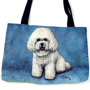 Vintage 90’s Linda Picken Blue Tote Bag Bichon Frise Dog Tapestry Woven Fabric